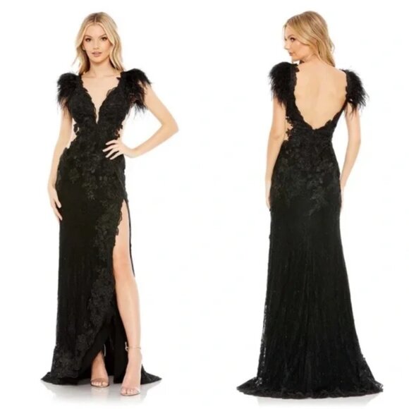 Mac Duggal Dresses & Skirts - $698 Mac Duggal 67782 Size 4 Black Feather Cap Sleeve Lace Gown Long Maxi Dress